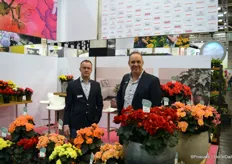 Harrie Hegeman and André Vreugdenhil with Koppe begonia. A novelty is the red begonia Halo, a variety two weeks faster in production as compared to its predecessors.